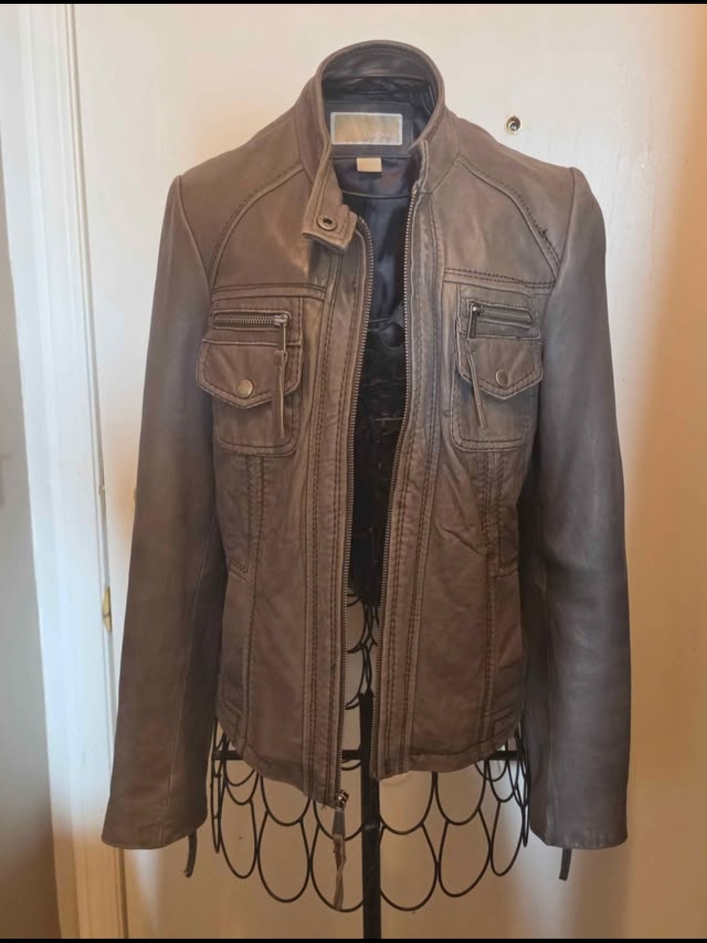 Michael Kors Grey/Taupe Leather Moto Jacket